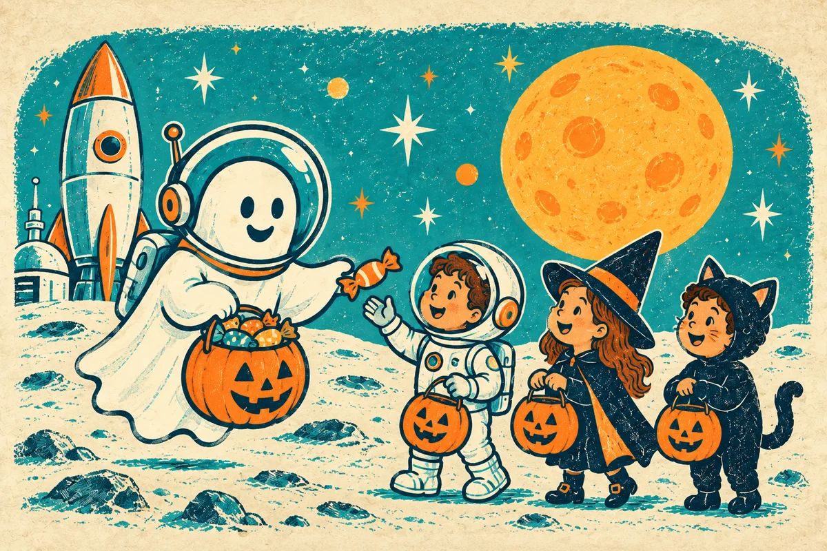 Storybook illustration of a friendly astronaut ghost sharing Halloween treats with costumed little explorers