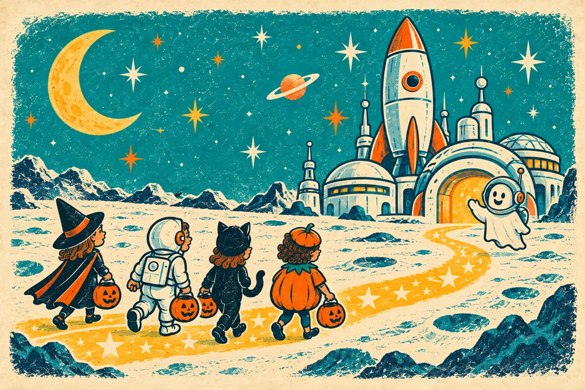 Storybook illustration of a costumed family following a trail of stars toward an imaginary space base